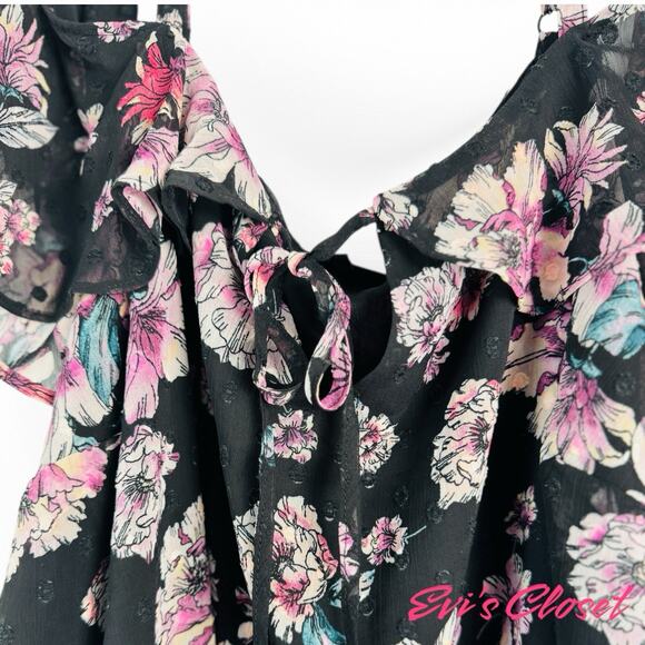 Torrid Black Pink Floral Chiffon Sz 18/20 Cold Shoulder Short Sleeve Top - Picture 4 of 9